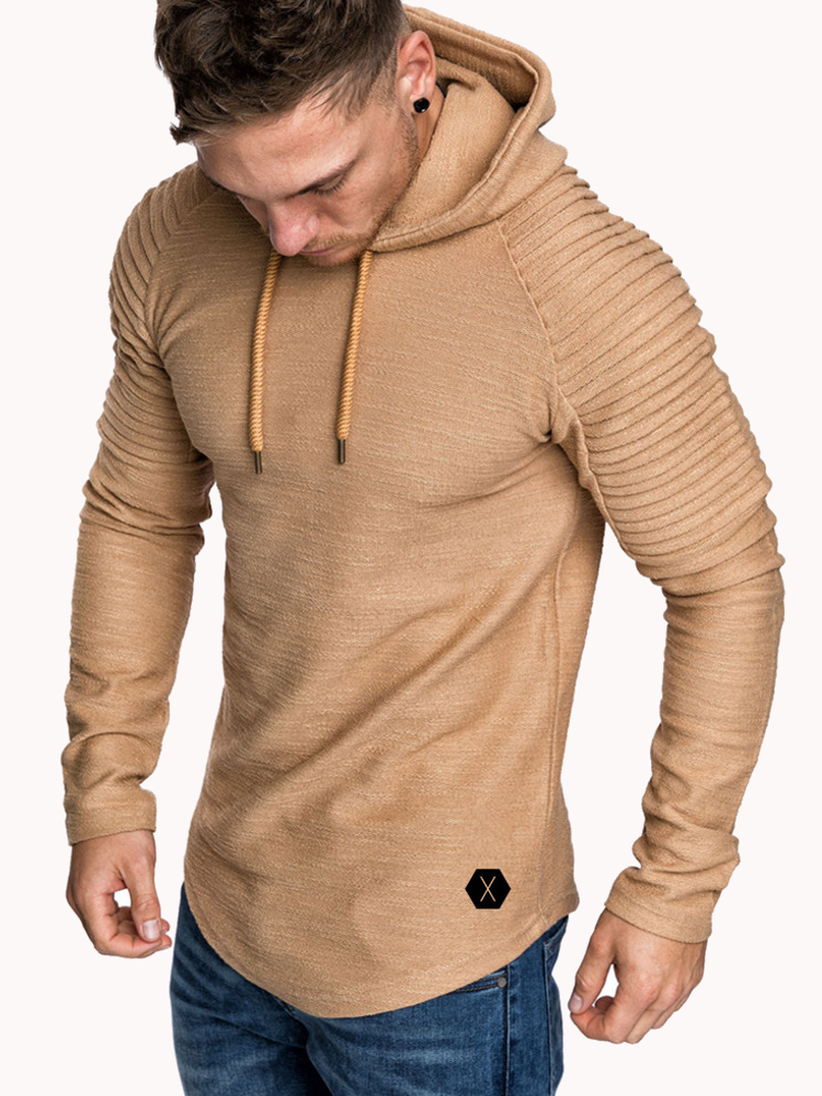 Mens Irregular Hem Hooded Striped Fold Raglan Sleeve O-neck Solid Color Casual Sweatshirt SKU984185