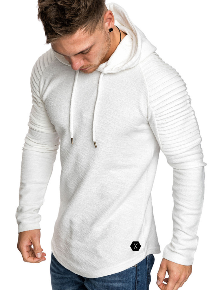 Mens Irregular Hem Hooded Striped Fold Raglan Sleeve O-neck Solid Color Casual Sweatshirt SKU984185