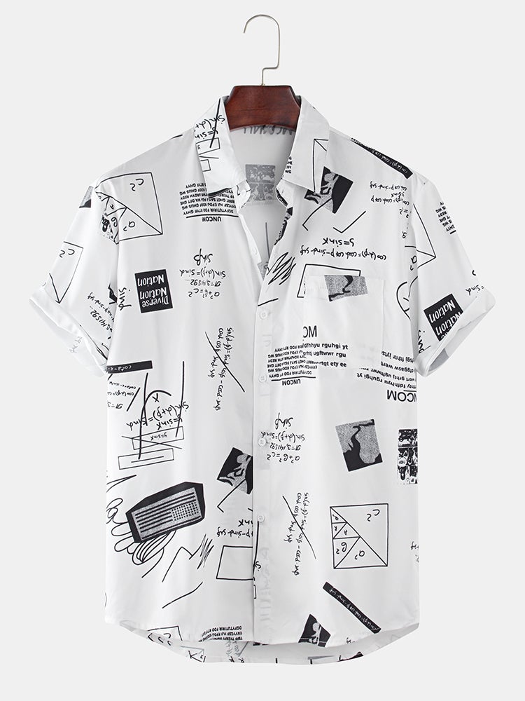 Mens Funny Abstract Cartoon Slogan Chest Pocket Short Sleeve Shirts