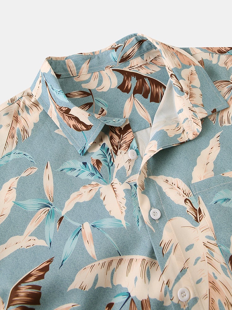 Mens Leaf Print Casual & Breathable Chest Pocket Short Sleeve Shirts