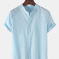 Mens Breathable Flax Stand Collar Solid Color Short Sleeve Shirt SKUF04403