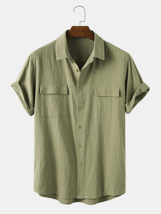 Men 100% Cotton Solid Color Double Pocket Casual Shirt SKUF15002