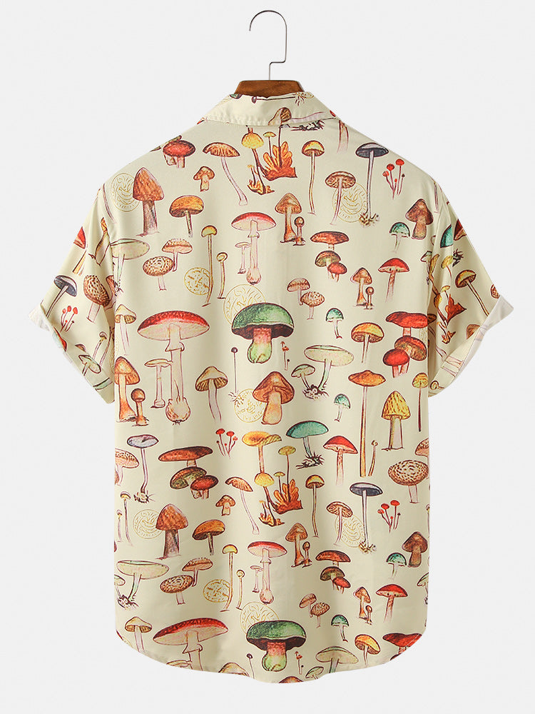 Mens Colorful Element Mushroom Pattern Print Loose Light Short Sleeve Shirts