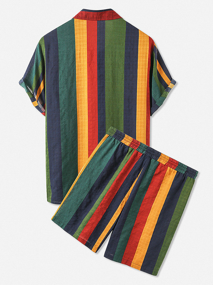 Men Thin & Breathable Cotton Outfits Sets Colorful Stripe Holiday Short Sleeve Two Pieces