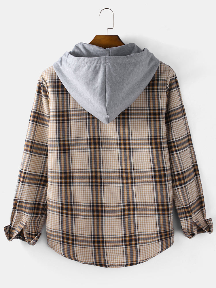 Mens Tartan Plaid Button Up Casual Long Sleeve Drawstring Hooded Shirts