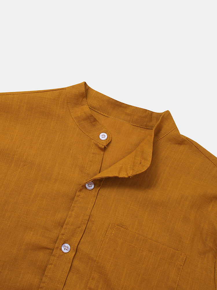 Mens Cotton & Linen Solid Color Thin Casual Long Sleeve Shirts With Pocket SKUF80414