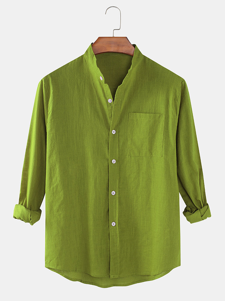 Mens Cotton & Linen Solid Color Thin Casual Long Sleeve Shirts With Pocket SKUF80414