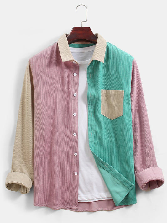 Mens Corduroy Colorblock Patchwork Casual Chest Pocket Long Sleeve Shirts SKUG01153