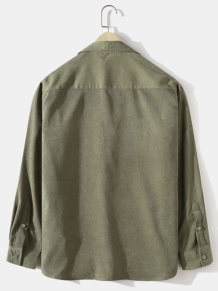 Mens Corduroy Solid Color Cargo Style Long Sleeve Shirts With Flap Pockets