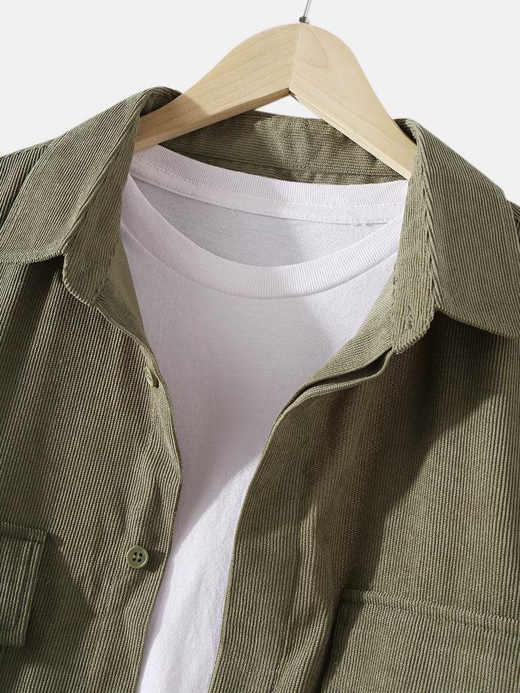 Mens Corduroy Solid Color Cargo Style Long Sleeve Shirts With Flap Pockets