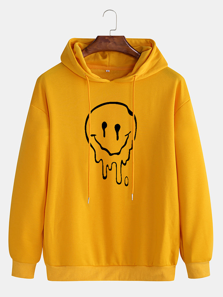 Mens Cotton Funny Face Print Drop Sleeve Casual Drawstring Hoodies