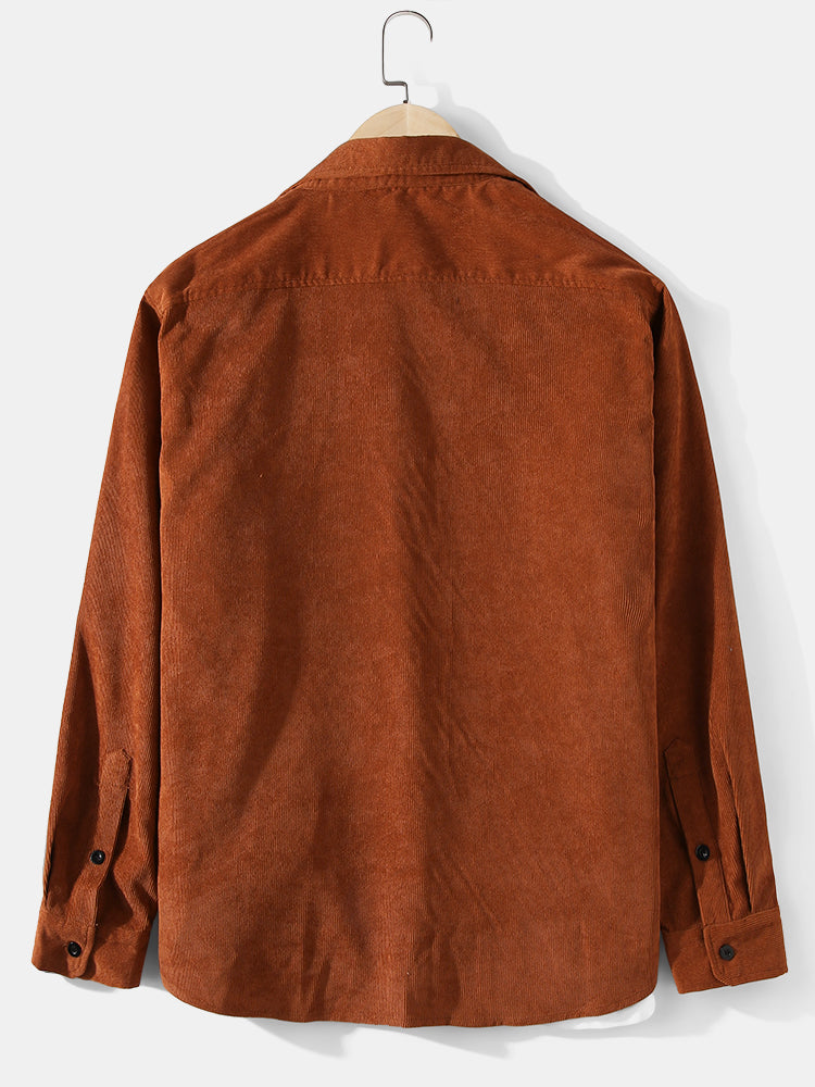 Mens Corduroy Solid Color Lapel Daily Long Sleeve Shirts