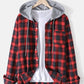 Mens Cotton Plaid Button Up Long Sleeve Casual Drawstring Hooded Shirts