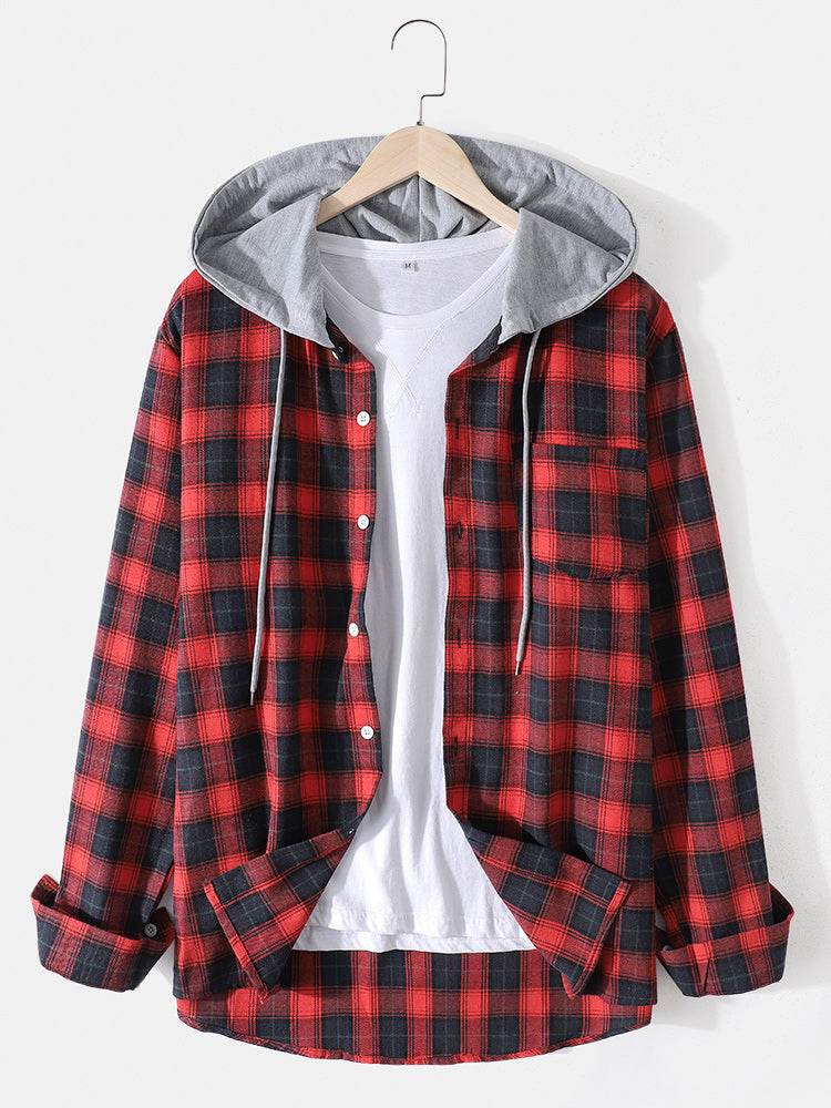 Mens Cotton Plaid Button Up Long Sleeve Casual Drawstring Hooded Shirts