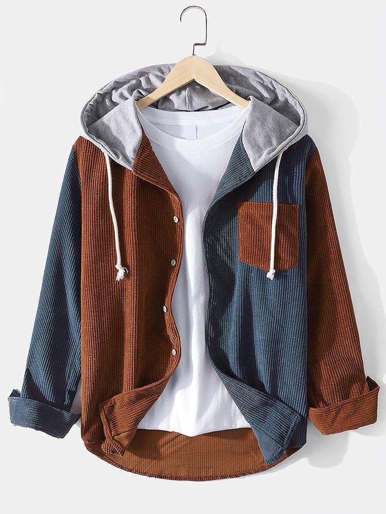 Mens Corduroy Colorblock Stitching Drawstring Hooded Shirt With Pocket