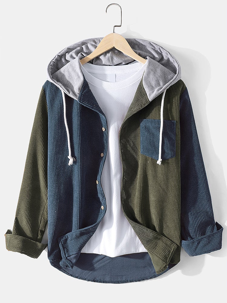 Mens Corduroy Colorblock Stitching Drawstring Hooded Shirt With Pocket