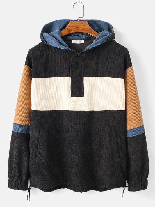 Mens Colorblock Corduroy Drawstring Hem Daily Pullover Hoodie