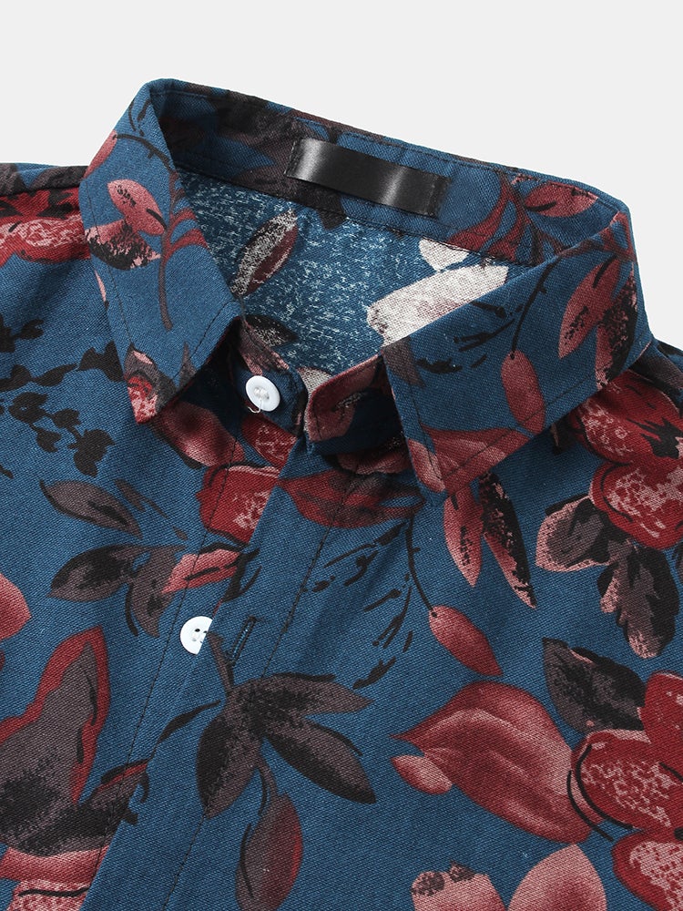 Mens Flower Plant Print Lapel Holiday Short Sleeve Shirts