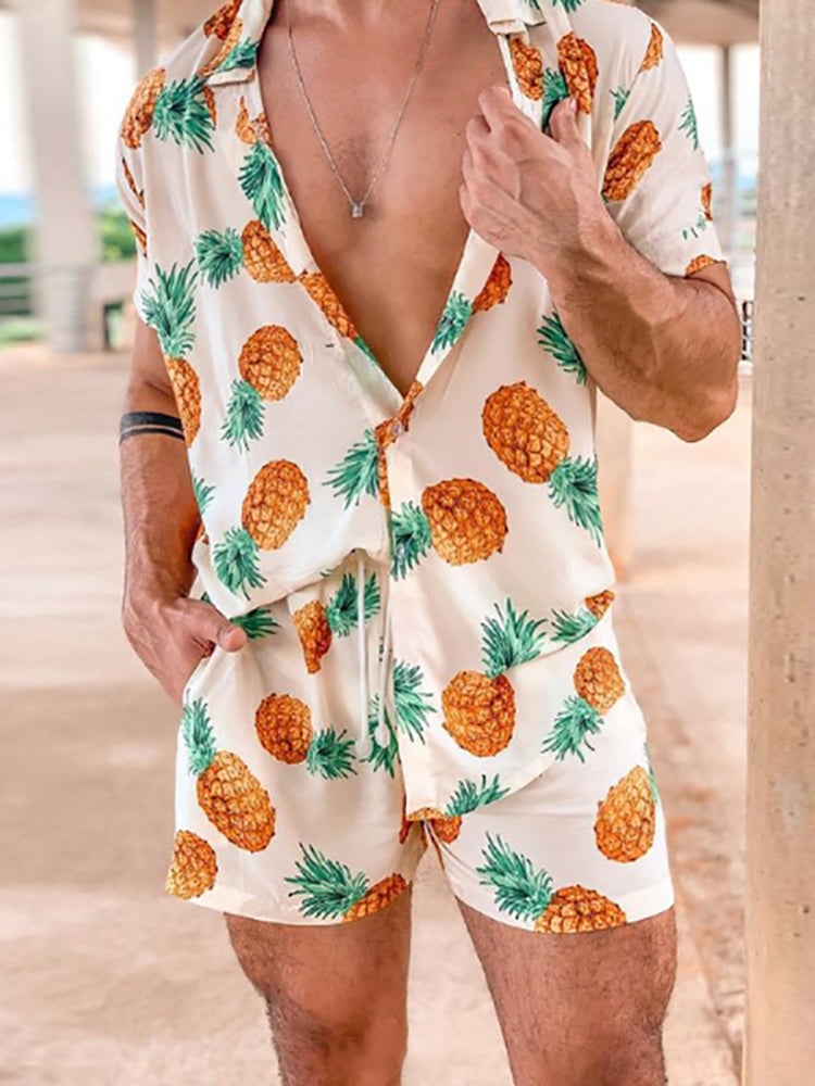 Mens Pineapple Pattern Print Casual Loungewear Comfy Breathable Button Drawstring Outfits Set