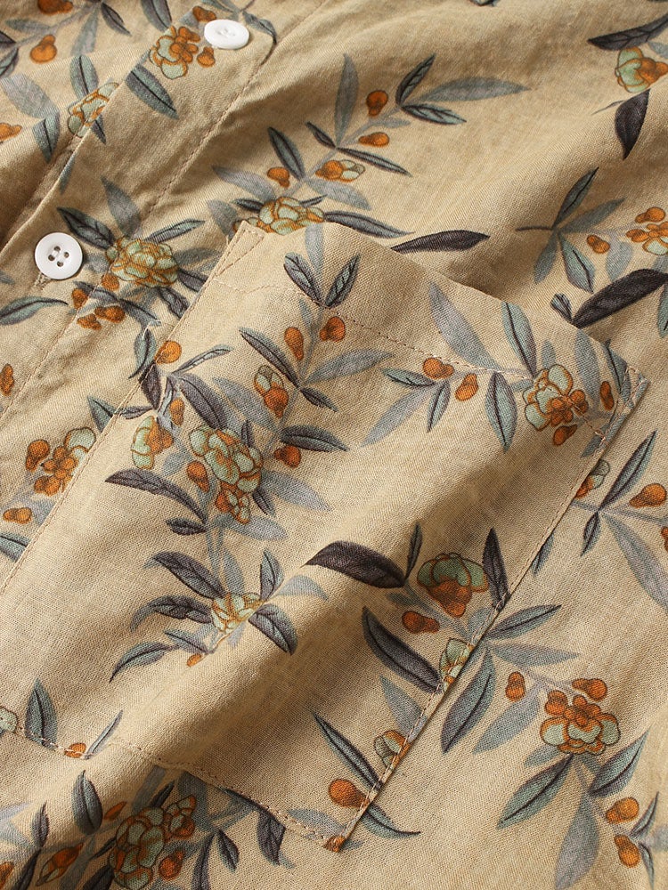 Mens Vintage Plant Printed High Low 100% Cotton Short Sleeve Shirts