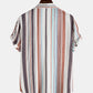 Mens Stripe Print Short Sleeve Lapel Regular Hem Preppy Shirt