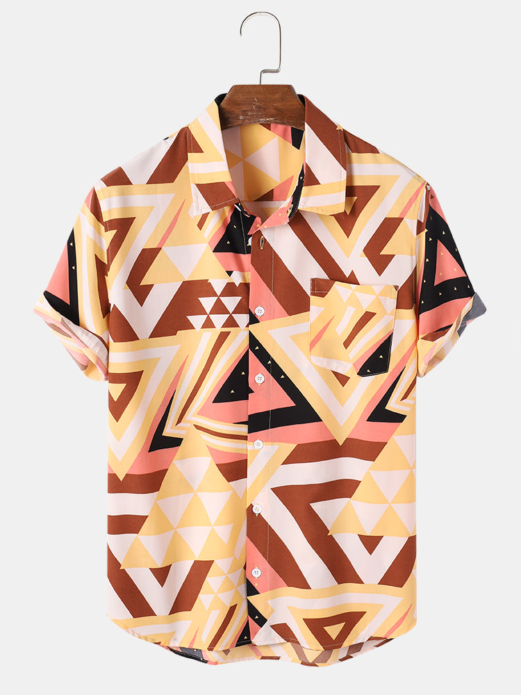 Mens Triangle All Over Print Lapel Street Short Sleeve Shirts