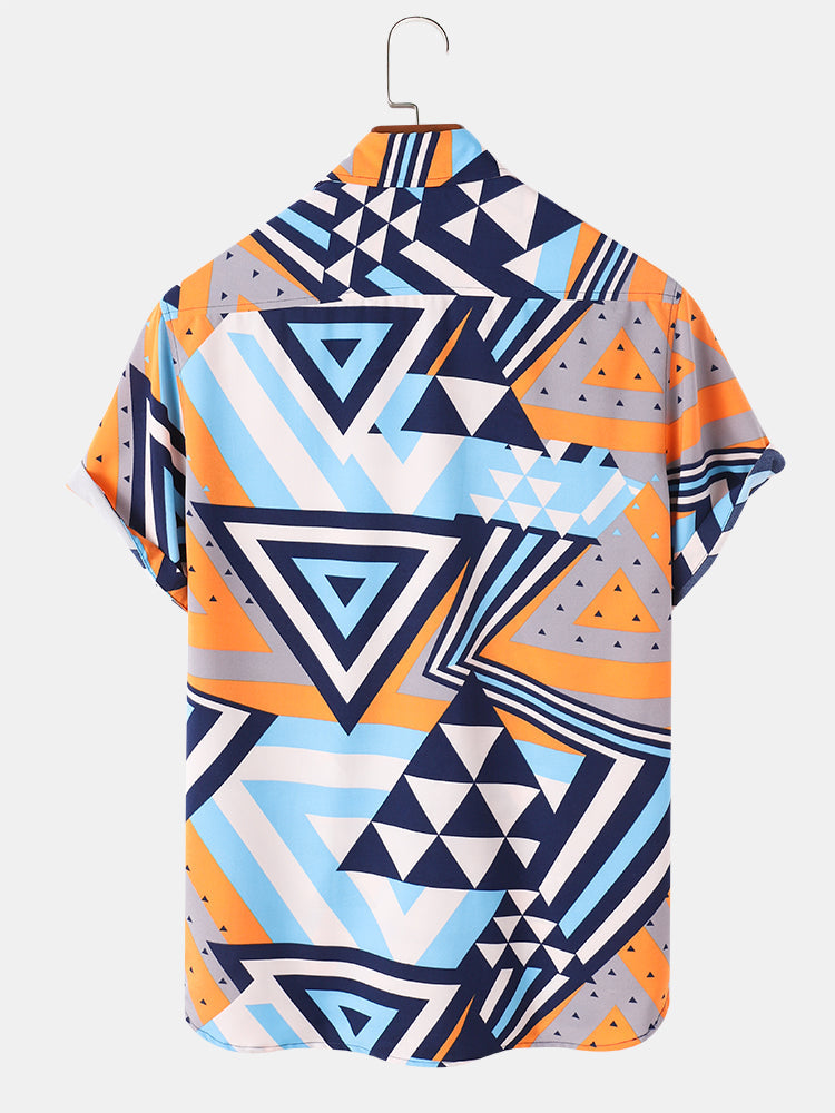 Mens Triangle All Over Print Lapel Street Short Sleeve Shirts