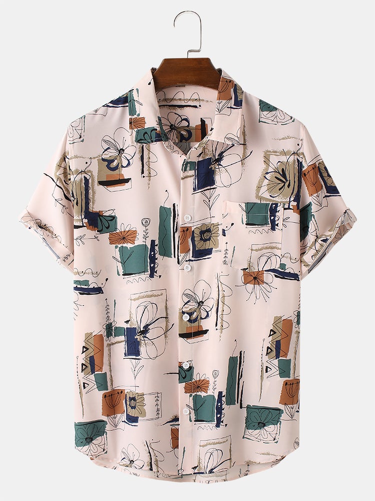 Mens Vintage Line Drawing Flower Print Street Short Sleeve Shirts