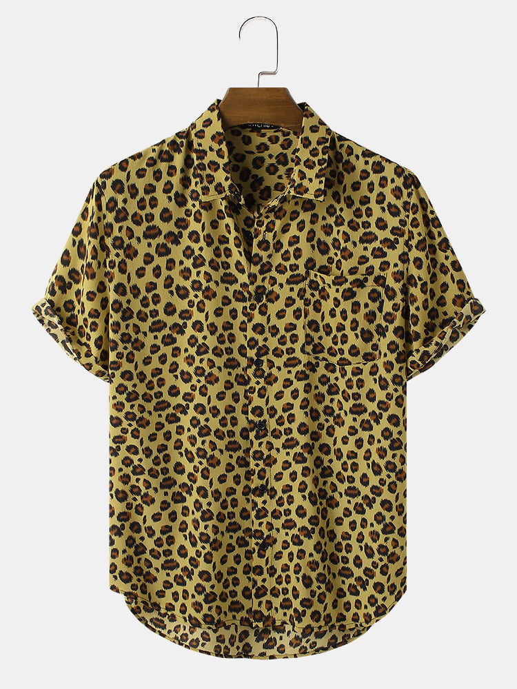 Mens Leopard Print Button Up Short Sleeve Shirts With Pocket