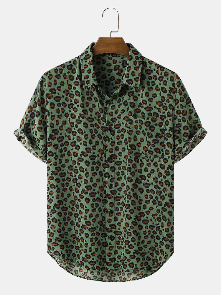 Mens Leopard Print Button Up Short Sleeve Shirts With Pocket