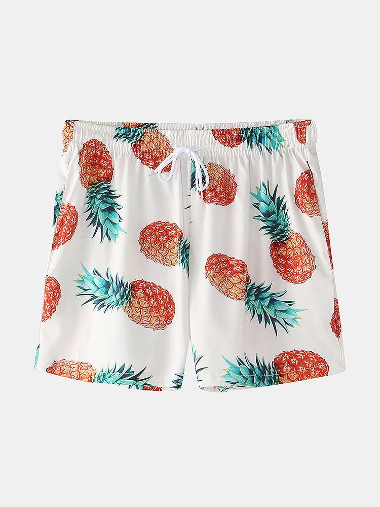 Mens Pineapple Pattern Print Casual Loungewear Comfy Breathable Button Drawstring Outfits Set