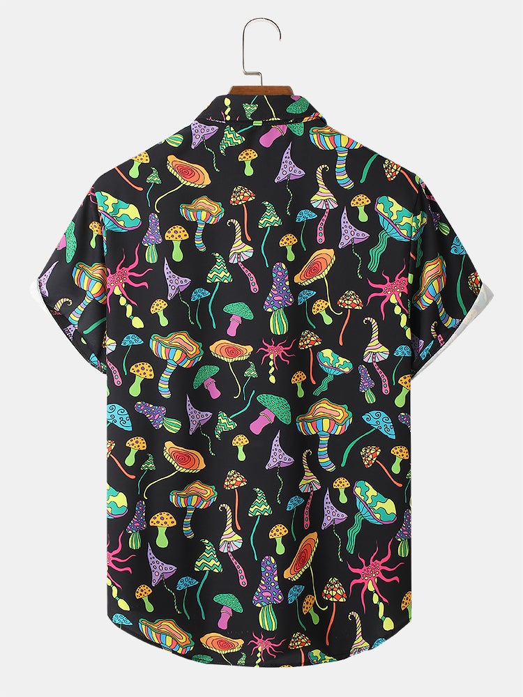 Mens Colorful Mushroom Print Button Up Street Short Sleeve Shirts