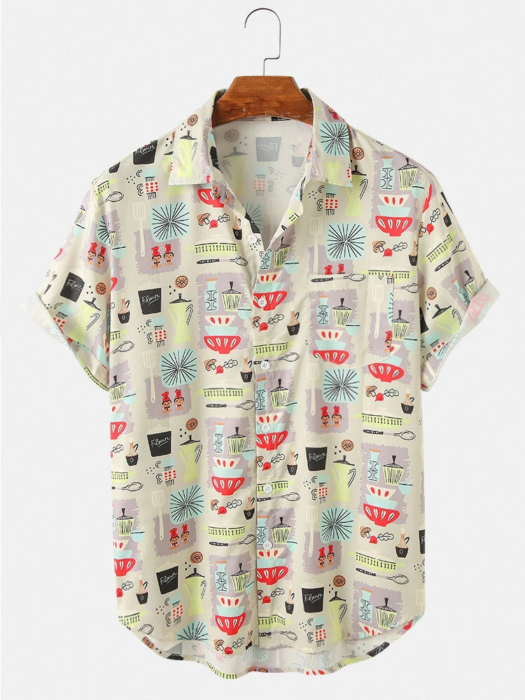 Mens Colorful Element Mushroom Pattern Print Loose Light Short Sleeve Shirts