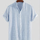 Mens Striped Breathable Stand Collar Short Sleeve Casual Loose Shirts