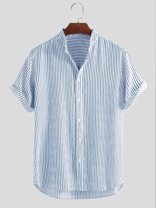 Mens Striped Breathable Stand Collar Short Sleeve Casual Loose Shirts