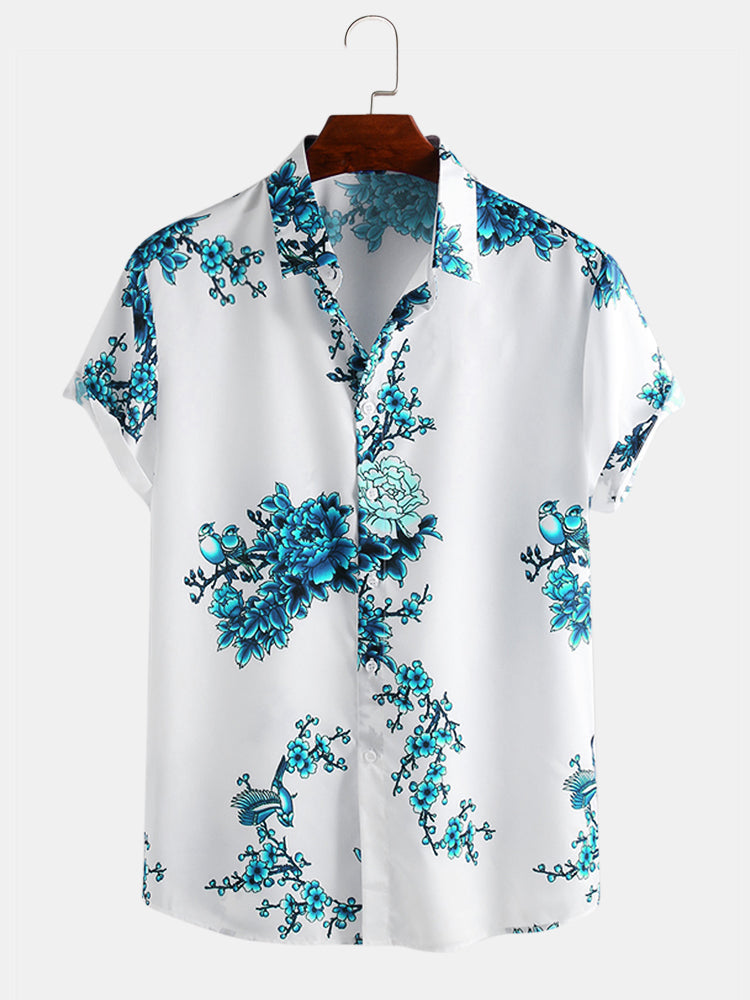 Mens Chinese Style Porcelain Floral Printed Short Sleeve Turn Down Collar Casual Shirt