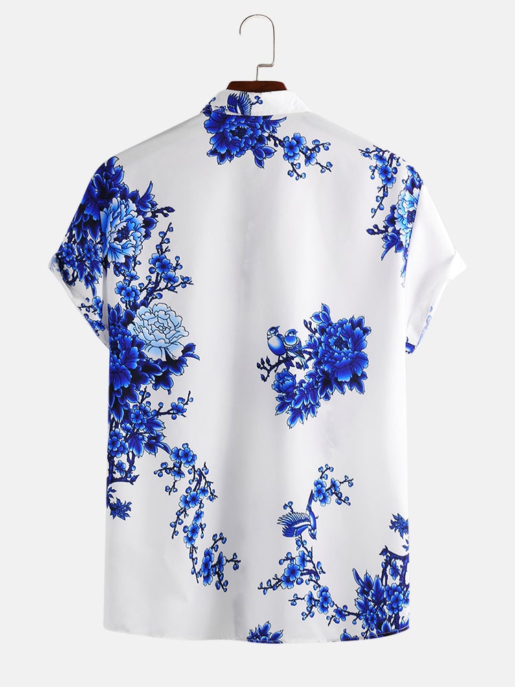 Mens Chinese Style Porcelain Floral Printed Short Sleeve Turn Down Collar Casual Shirt