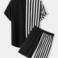 Mens Patchwork Stripe Pocket Drawstring Short Sleeve Two Piece Outfits