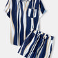 Mens Holiday Striped Chest Pocket Lapel Short Sleeve Drawstring Shorts Two Pieces Outfits