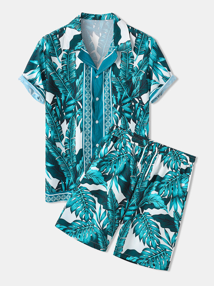 Mens Summer Holiday Revere Collar Tropical Leaf Pattern Baroque Two Piece Outfits