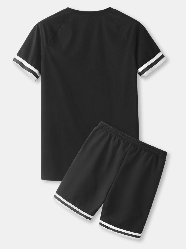 Mens Contrast Stripe Trim Plain Sports Two Pieces Outfits With Drawstring Shorts SKUH31214