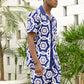 Mens Blue Baroque Print Revere Collar Short Sleeve Shirt & Shorts Co-ords