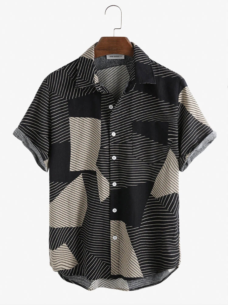 Mens Casual Breathable Striped Color Block Short Sleeve Shirts