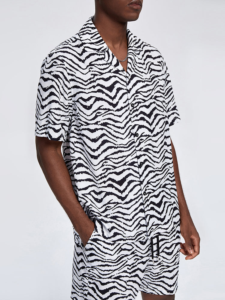 Mens Zebra Pattern Revere Collar Shirt & Drawstring Shorts Two Piece Outfits