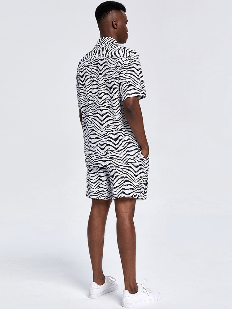 Mens Zebra Pattern Revere Collar Shirt & Drawstring Shorts Two Piece Outfits