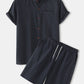 Mens Basic Cotton Linen Grandad Collar Solid Color Loungewear Set